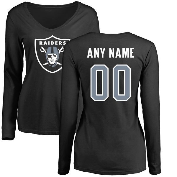 Women Oakland Raiders NFL Pro Line Black Custom Name and Number Logo Slim Fit Long Sleeve T-Shirt->nfl t-shirts->Sports Accessory